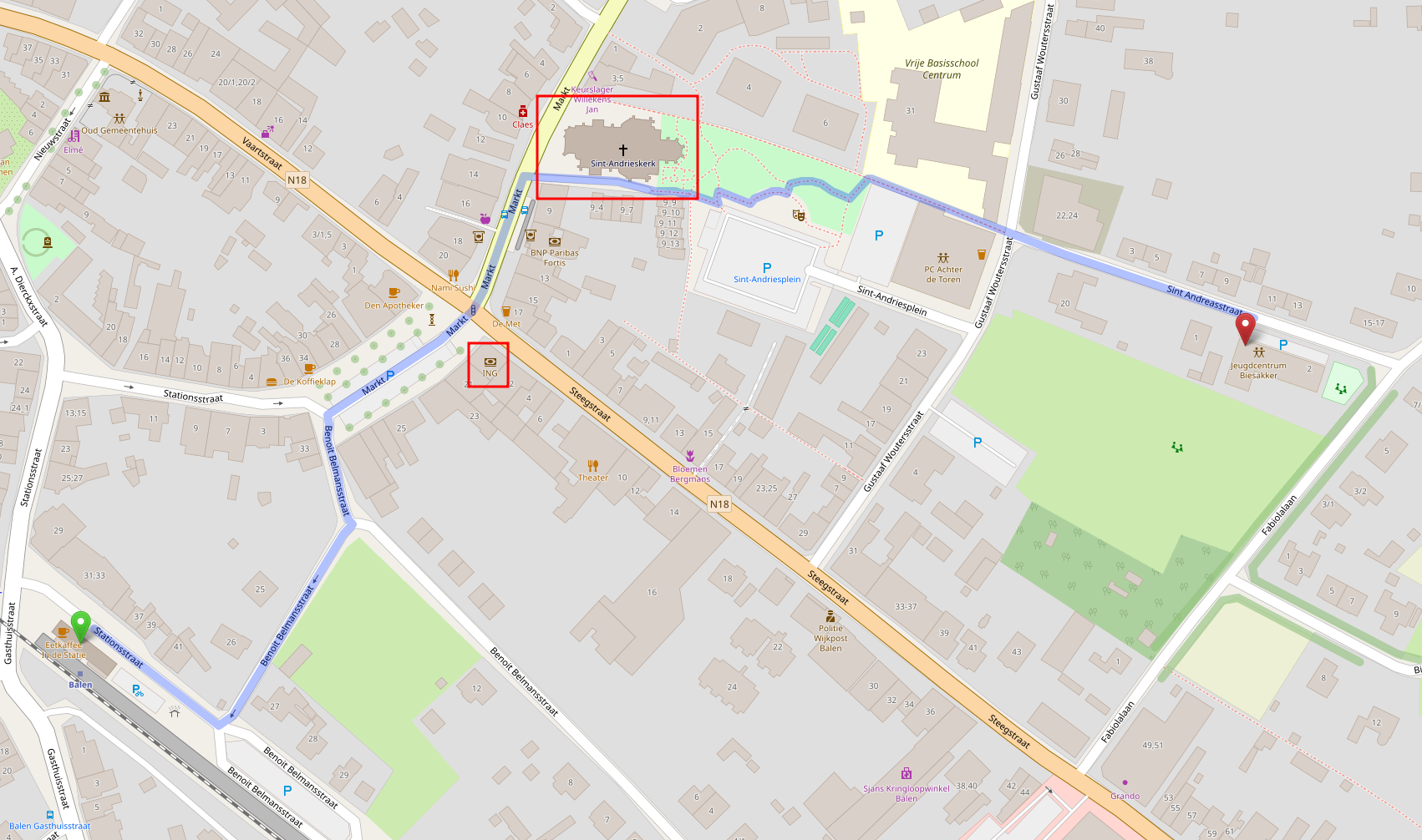 Walking route from train station to OD Balen